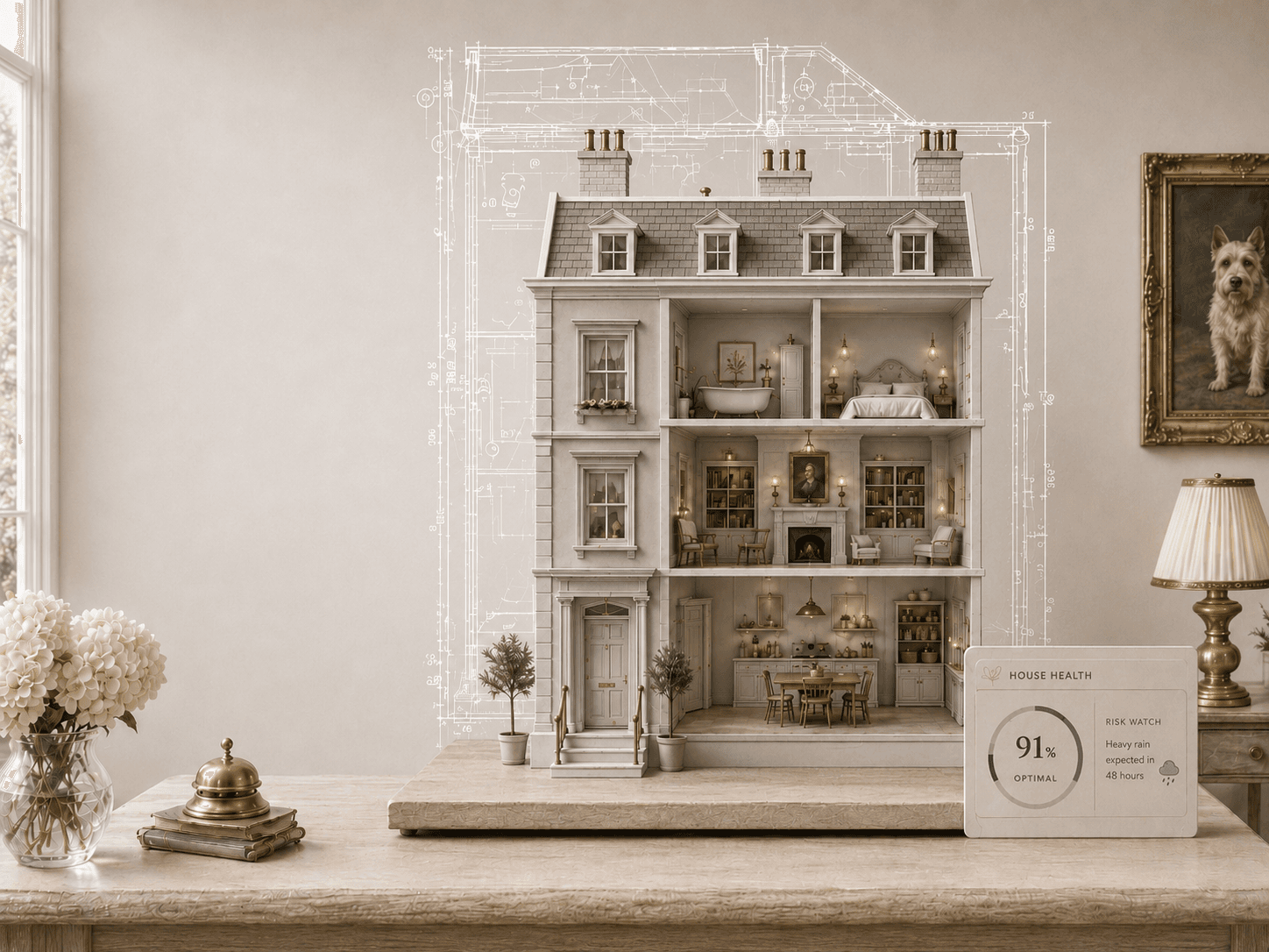 A cream cutaway Georgian dollhouse on a table, a fine blueprint traced on the wall behind, with a HoWA status card beside it.