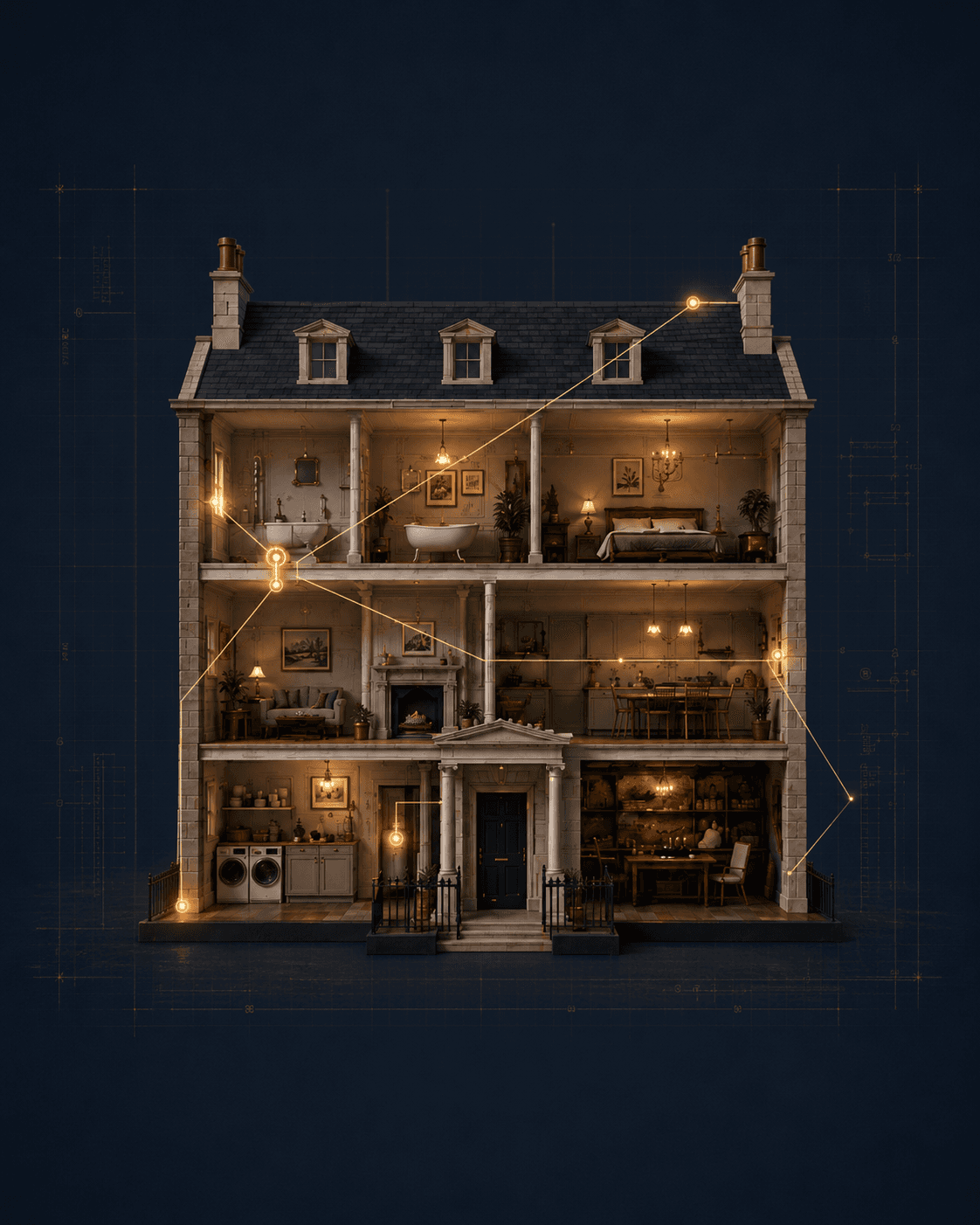 The dollhouse on deep navy with HoWA's gold monitoring nodes placed on the home's vulnerable points.