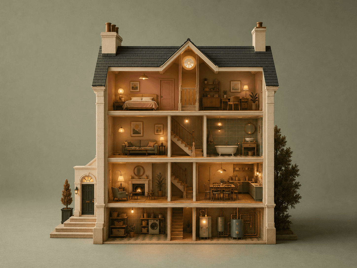 A Georgian dollhouse, warmly lit.