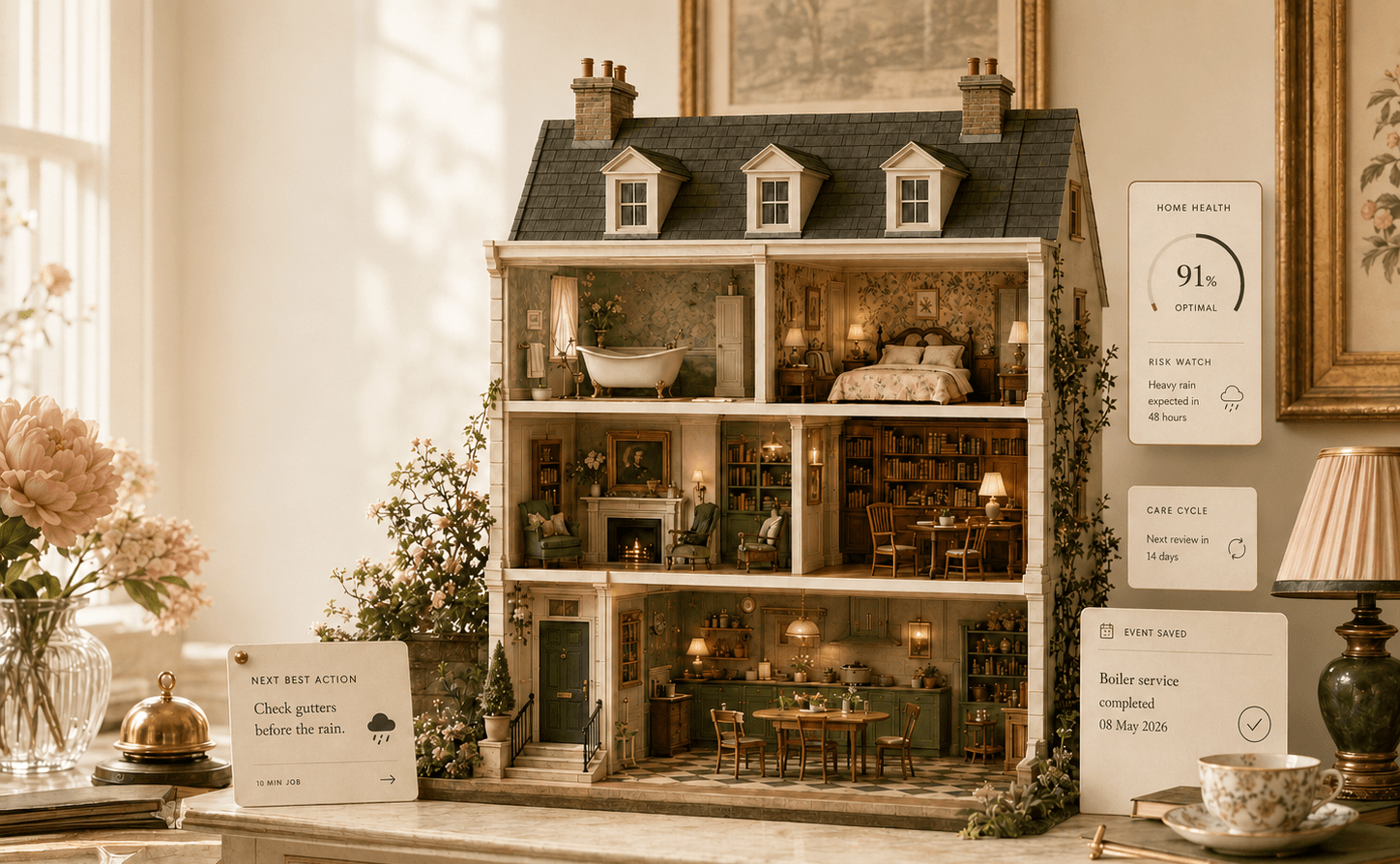 A warmly lit cutaway Georgian dollhouse on a table, ringed with HoWA cards: Home Health, Risk Watch, Care Cycle, an event saved to the record, and the next best action.
