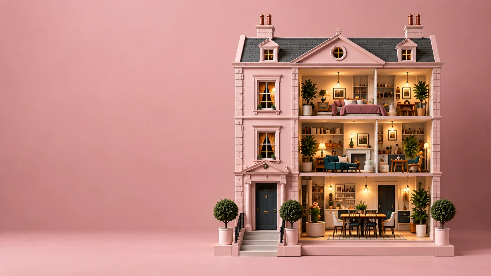 The HoWA pink Georgian cutaway house, warmly lit floor by floor.